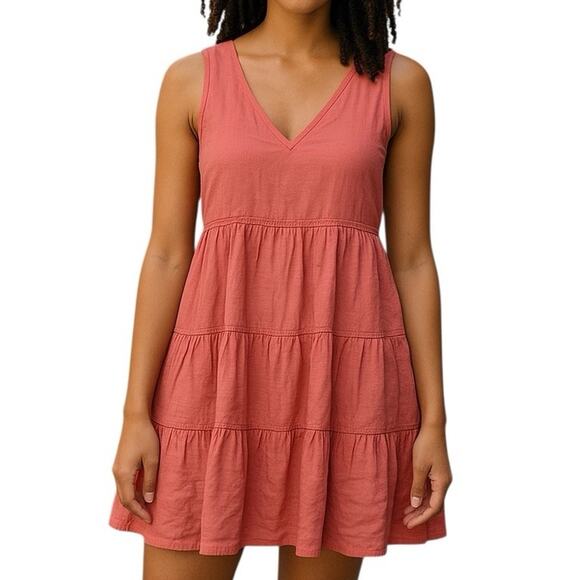 Lucky Brand Pink Linen Tiered Babydoll Mini Dress Small - Picture 1 of 12